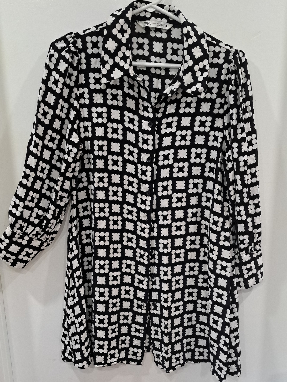 Zara Nadia Black & White Geometric Button-Down Shirt Dress